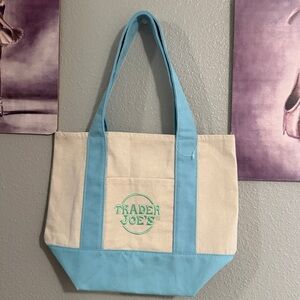 2026 Trader Joe’s mini pastel canvas tote bag new cream/ blue